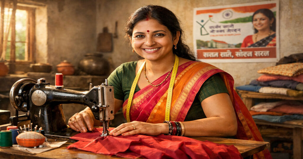 Indian woman earning from home under Silai Machine Yojana using a sewing machine with ₹15,000 government support