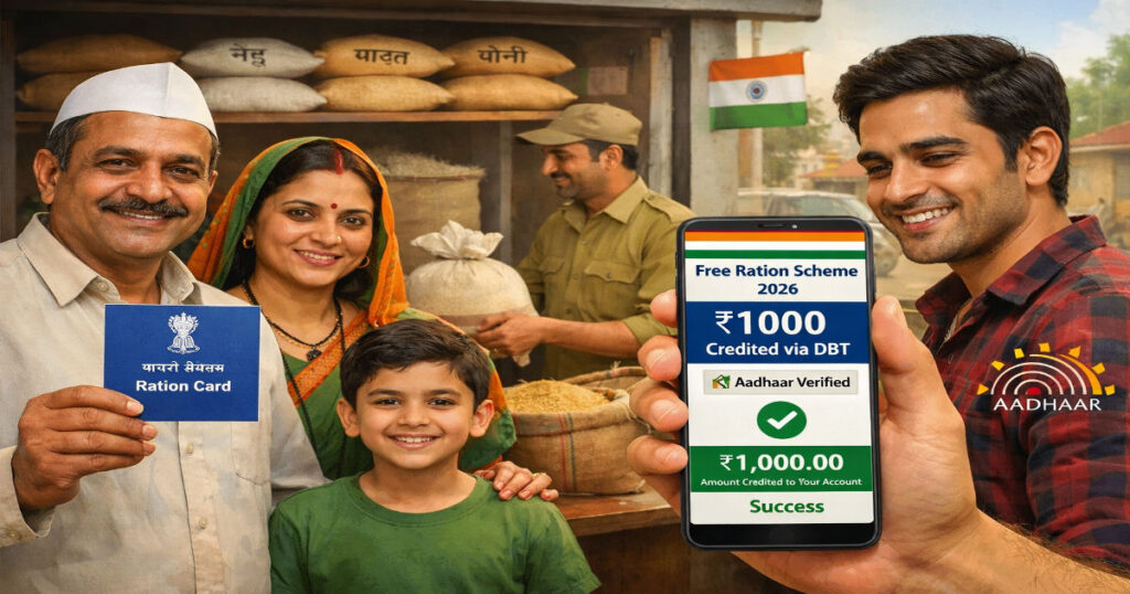 Free Ration Scheme 2026 providing free food items and ₹1000 monthly benefit to ration card holders in India